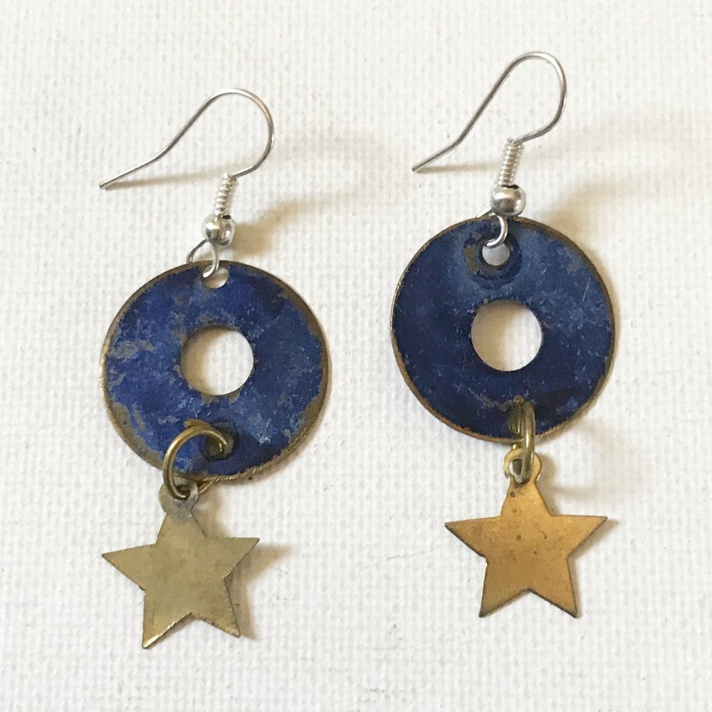 Recycled Vintage Retro Metal Art Pieces Cobalt Blue Stars Earrings Boho Hippie